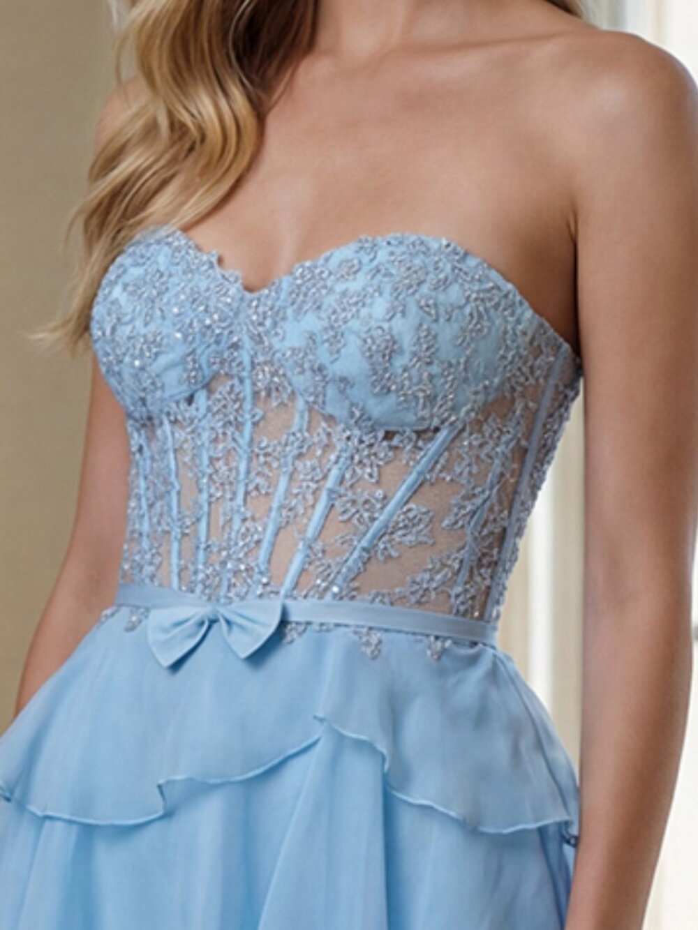 New Light Blue Mini A-Line Homecoming Gown w/ Floral Lace & Tiered Skirt JT7131G - Picture 4 of 8